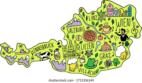 Colored Funny hand drawn doodle map of Austria. names of main cities, main attractions and landmarks, and geographical names on the map.
 travel, cute childish infographic poster. Vector illustration.