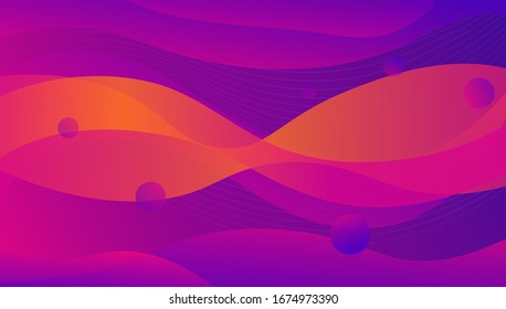 Colored futuristic bright purple and orange background vector graphic illustration. Abstract 3d space waving flow colorful surface backdrop with circle shape and line stream