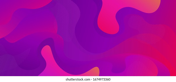 Colored futuristic purple and pink liquid background vector flat illustration. Curve bright dynamic fluid flow backdrop modern creative surface with graphic decorative line