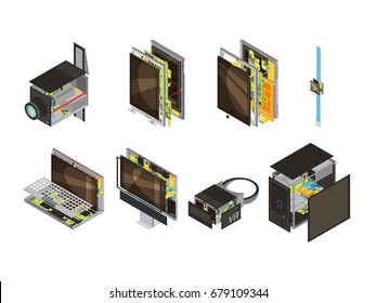 Colored Gadgets Scheme Isometric Icon Set With Computer Reserve Parts And Microcircuit Vector Illustration