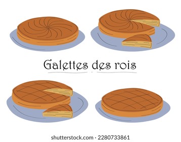 Colored galette des rois, epiphany king cake french vector icon. Drawing, illustration three kings cake with black lines.