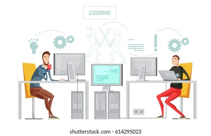 Colored game development flat composition with coding work process at the office vector illustration