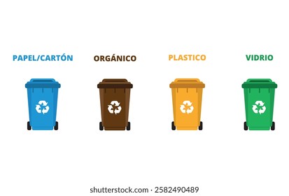 Colored garbage cans for different types of recycling on a white background (trad. organic, paper, cardboard, glass, plastic)