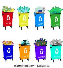 Colored garbage cans with waste categories.Colored waste bins with waste sorting categories.Organic, batteries, metal,plastic, paper, glass, e-waste, light bulbs.