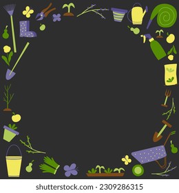 Objetos de jardín de colores, herramientas aisladas en un fondo oscuro. Concepto de jardinería. Plantilla plana vectorial de primavera para banner, volante, tarjeta de saludo. 