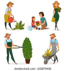 Colored gardening hobby icon set men women and children work in the garden vector illustration