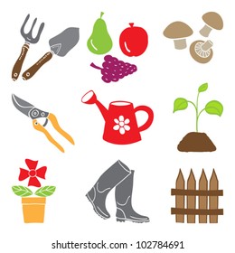 Colored gardening icons isolated on white background - tools and plants