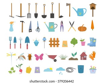 Colored Gardening icons set. Colorful gardening tools isolated on white background. Vector Garden tools clip art. Garden tools vector set. Agriculture tools color collection.  Garden sign  isolated.