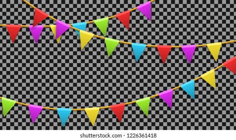 Colored garland flags isolated on transparent background. Carnival, birthday, celebration, party, new year or festival concept. Vector illustration