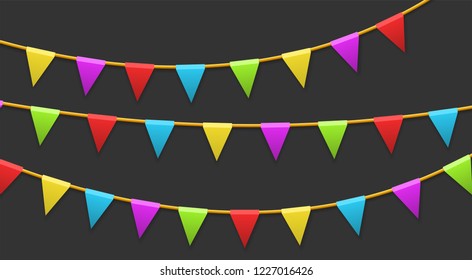 Colored garland flags isolated on dark background. Carnival, birthday, celebration, party, new year or festival concept. Vector illustration