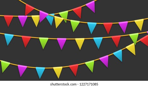 Colored garland flags isolated on dark background. Carnival, birthday, celebration, party, new year or festival concept. Vector illustration