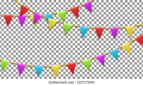 Colored garland flags isolated on transparent background. Carnival, birthday, celebration, party, new year or festival concept. Vector illustration