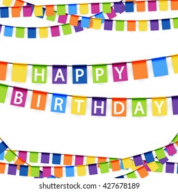 colored garlands background with white text Happy Birthday