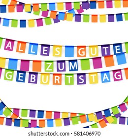 colored garlands background with white text Happy Birthday (text in german)