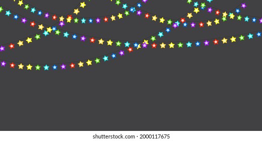 Colored garlands. Festive banner design. Night background. Holiday greeting card. Vector illustration. Stock image.