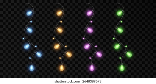 Colored garlands, holiday decorations. Bright bulbs for poster, postcard or website. Vector. EPS 10.