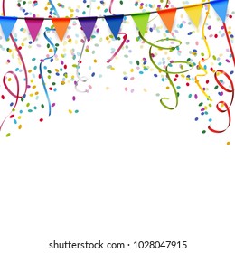 colored garlands, streamers and confetti background for party or festival usage