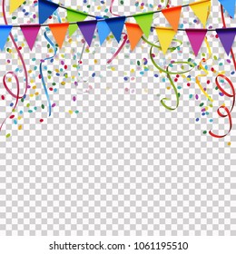 colored garlands, streamers and confetti background for party or festival usage with transparency in vector file