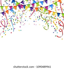 colored garlands, streamers and confetti background for party or festival usage