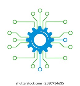 Colored gear with circuit lines for tech concepts.