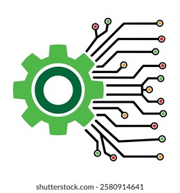Colored gear with circuit lines for tech concepts.
