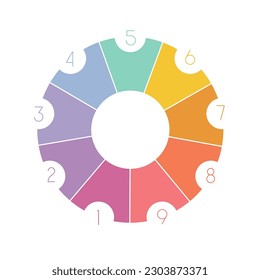 Colored gears numbered with space for text at nine 9 positions 