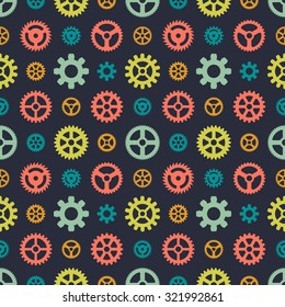 Colored gears seamless pattern against the black background. The layout is fully editable