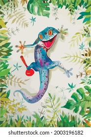 Colored gecko in watercolor technique on a background of tropical leaves