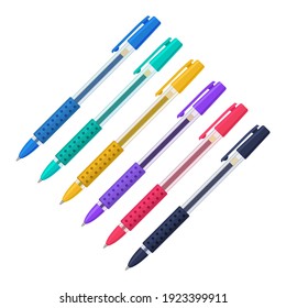 Colored gel pens in transparent plastic cases with rubber grips and caps set. School and office tools collection. Flat vector illustration isolated on white background 