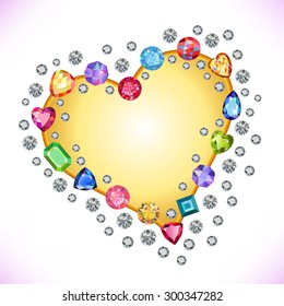 Colored gems heart shape frame isolated on light background, vector illustration