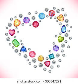 Colored gems heart shape frame isolated on light background, vector illustration