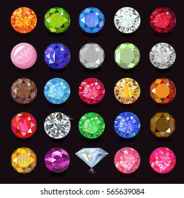 Colored gems set naming, vector illustration isolated on dark background