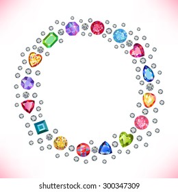 Colored gems square round frame isolated on light background, vector illustration