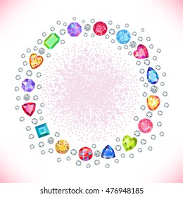 Colored gems square round frame isolated on light background, vector illustration