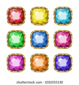 Colored gemstones set in gold. Vector illustration.