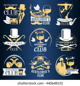 Colored gentlemen club label set with descriptions of gentlemen club and whiskey cigars vector illustration