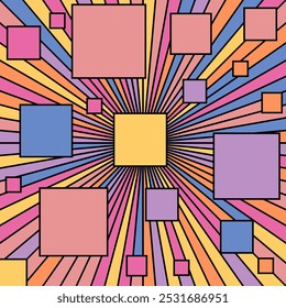 Fundo geométrico colorido. Quadrados de tamanhos diferentes são conectados por linhas do centro. Estilo plano para capa, cartaz e design criativo