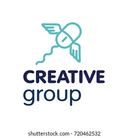 A colored geometric icon or logo, image flying computer mouse with wings and text – Creative Group. Vector, isolated on background.