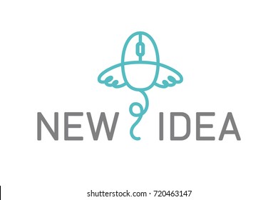 A colored geometric icon or logo, image flying computer mouse with wings and text – New Idea. Vector, isolated on background.