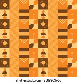 colored geometric pattern in orange-brown shades, consisting of circles, zigzags, squares and other figures