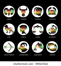 Colored geometric polygon zodiac signs and icons