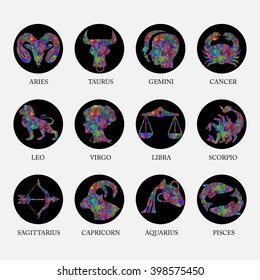 Colored geometric polygon zodiac signs and icons