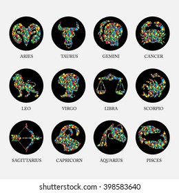 Colored geometric polygon zodiac signs and icons