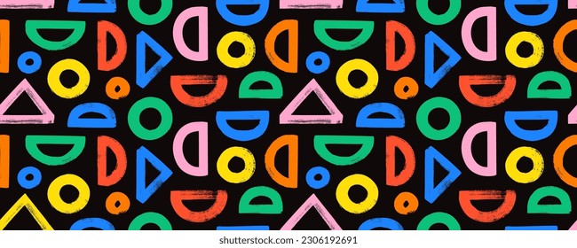 Colored geometric seamless pattern with circles, triangles and half circle. Abstract bright color geometric background. Grunge style bold shapes. Hand drawn graphic various basic figures.