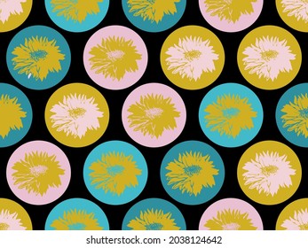 Colored geometric seamless pattern with repeated circles forms and silhouettes of chrysanthemum flowers. Closeup stylized flowers in full bloom. Trendy hand drawn vector graphics.