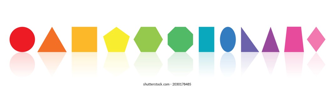 Colored geometric shapes. Colorful circle, triangle, square, pentagon, hexagon, octagon, rectangle, ellipse, right and isosceles triangle, trapezoid, rhombus - funny geometry lesson.
