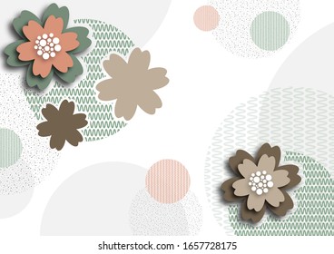 Farbige geometrische Formen, Linien und Blumen auf weißem Hintergrund. Pastelltöne. Design für Postkarten, Cover, Banner, Werbung. Östliche Elemente. Vektorillustration.