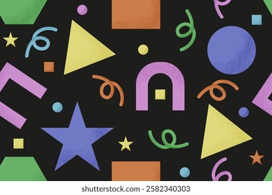 Colored Geometric Shapes seamless pattern with trendy Grain Noise Texture. Playful earthly tones Geometric background. Vector illustration with dirty Texture Shapes. EPS 10
