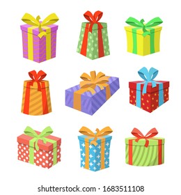 Colored Gift Boxes with Ribbon. Holiday gift box. Vector illustration