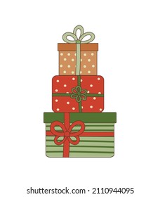 Cajas de regalo de color con cinta adhesiva. Caja de regalo de vacaciones. Ilustración vectorial. Colección de dibujos a mano sobre un fondo blanco